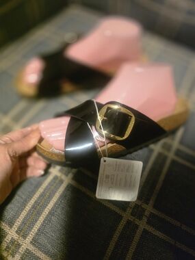 Birkenstock Black Patent Slide Sandals with Gold Buckle